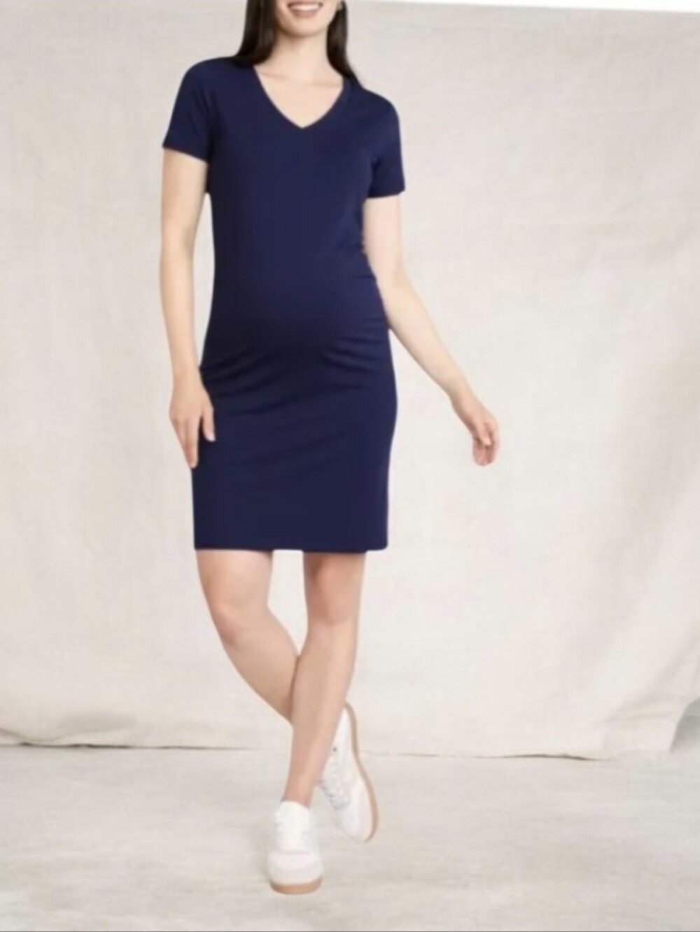 #K122 32 Degrees Navy Maternity V‑Neck Short Sleeve Knit Dress